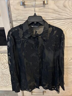 Zara Black Sheer Textured Button-Up Shirt